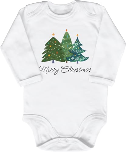 Blauer-Storch Baby Body in Weiß Merry Christmas geschmückte Tannenbäume Weihnachtsbaum Sterne Geschenk zu Weihnachten für Kleinkind Langarm Bio Baumwolle von Blauer-Storch