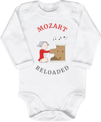 Blauer-Storch Baby Body in Weiß Mozart Reloaded, Pianist am Klavier Spruch Geschenk zur Geburt zum Geburtstag für Kleinkind Langarm Bio Baumwolle von Blauer-Storch