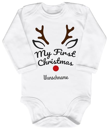 Blauer-Storch Baby Body in Weiß My first christmas Mein erstes Weihnachten Rentiergeweih mit roter Nase mit Wunschnamen personalisiert Geschenk zu Weihnachten für Kleinkind Langarm Bio Baumwolle von Blauer-Storch