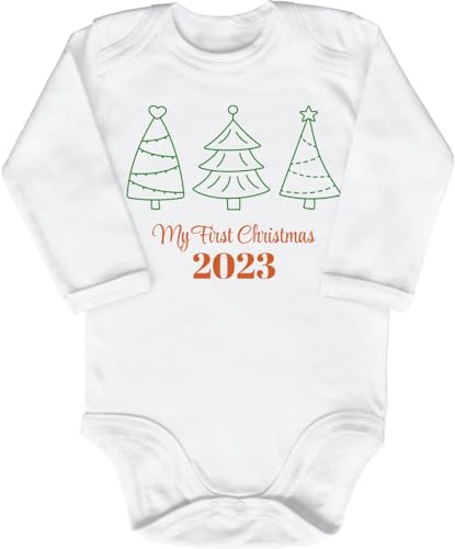 Blauer-Storch Baby Body in Weiß My first christmas Mein erstes Weihnachten Tannenbäume Weihnachtsbäume mit Jahreszahl personalisiert Geschenk zu Weihnachten für Kleinkind Langarm Bio Baumwolle von Blauer-Storch