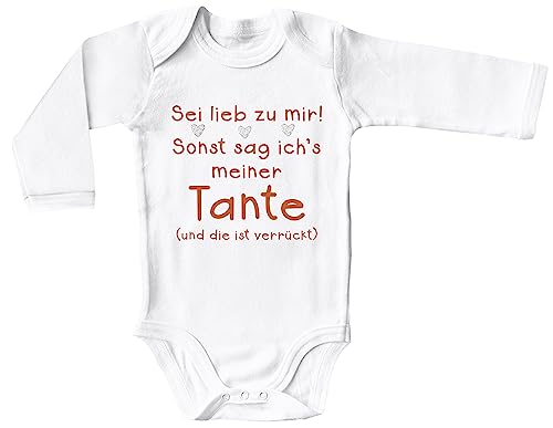 Blauer-Storch Baby Body in Weiß Sei lieb zu mir! Sonst sag ich's meiner Tante Herzen verrückte Tante Geschenk für Kleinkind langarm Bio Baumwolle von Blauer-Storch