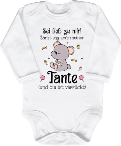 Blauer-Storch Baby Body in Weiß Sei lieb zu mir! Sonst sag ich`s meiner Tante und die ist verrückt, Koala mit Süßigkeiten Geschenk von der Tante an die Nichte oder Neffen Langarm Bio Baumwolle von Blauer-Storch