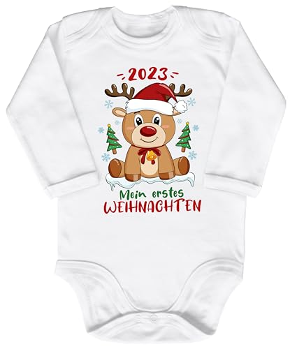 Blauer-Storch Baby Body in Weiß Teddybär feiert 2023 sein/Mein 1. Weihnachten Geschenk zu Weihnachten, Nikolaus für Kleinkind Langarm Bio Baumwolle von Blauer-Storch