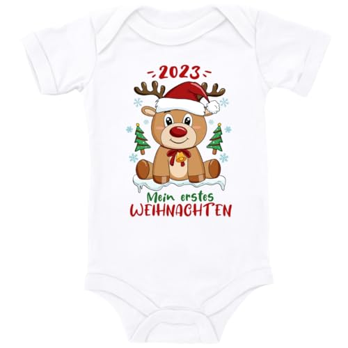 Blauer-Storch Baby Body in Weiß Teddybär feiert 2023 sein/Mein 1. Weihnachten Spruch Geschenk zu Weihnachten, Nikolaus für Kleinkind Kurzarm Bio Baumwolle von Blauer-Storch