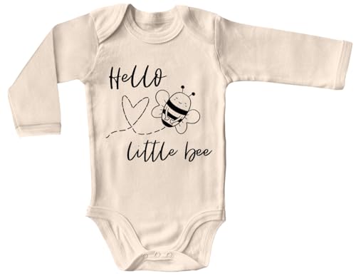 Blauer-Storch Baby Body mit Druck Hello little Bee, Hallo Kleine Biene Geschenk für Kleinkind Langarm Bio Baumwolle von Blauer-Storch