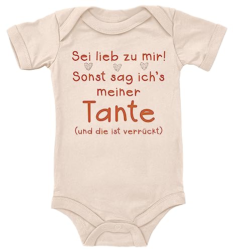 Blauer-Storch Baby Body mit Druck Sei lieb zu mir! Sonst sag ich's meiner Tante Herzen verrückte Tante Geschenk für Kleinkind Kurzarm Bio Baumwolle von Blauer-Storch