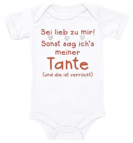 Blauer-Storch Baby Body mit Druck Sei lieb zu mir! Sonst sag ich's meiner Tante Herzen verrückte Tante Geschenk für Kleinkind Kurzarm Bio Baumwolle von Blauer-Storch