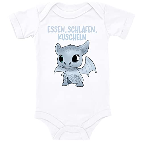 Blauer-Storch Baby Body mit Druck süßer Drache, Essen, Schlafen, Kuscheln Geschenk für Kleinkind Kurzarm Bio Baumwolle von Blauer-Storch