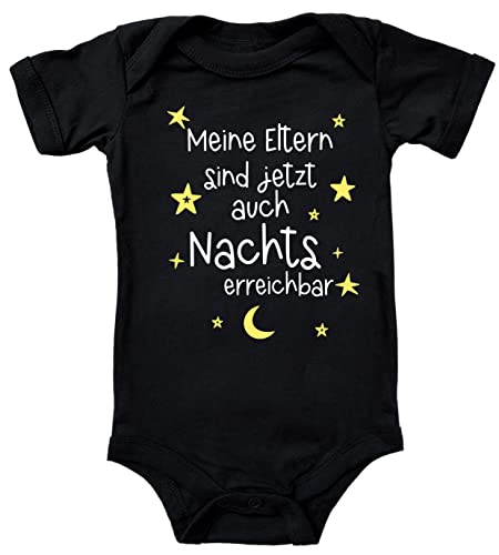 Blauer-Storch Baby Body mit Spruch Meine Eltern sind auch Nachts erreichbar Sterne Mond Geschenk für Kleinkind Kurzarm Bio Baumwolle von Blauer-Storch