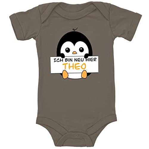 Blauer-Storch Baby Body mit personalisiertem Druck Pinguin hält den Namen des Kindes Geschenk für Kleinkind Kurzarm Bio Baumwolle von Blauer-Storch