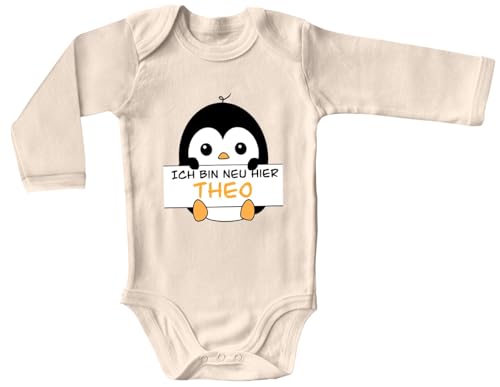 Blauer-Storch Baby Body mit personalisiertem Druck Pinguin hält den Namen des Kindes Geschenk für Kleinkind Langarm Bio Baumwolle von Blauer-Storch