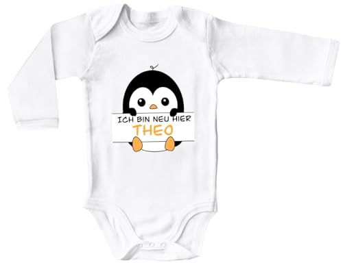 Blauer-Storch Baby Body mit personalisiertem Druck Pinguin hält den Namen des Kindes Geschenk für Kleinkind Langarm Bio Baumwolle von Blauer-Storch