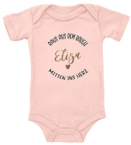 Blauer-Storch Baby Body mit personalisiertem Namen "Raus aus dem Bauch mitten ins Herz" Geschenk für Kleinkind Kurzarm Bio Baumwolle von Blauer-Storch