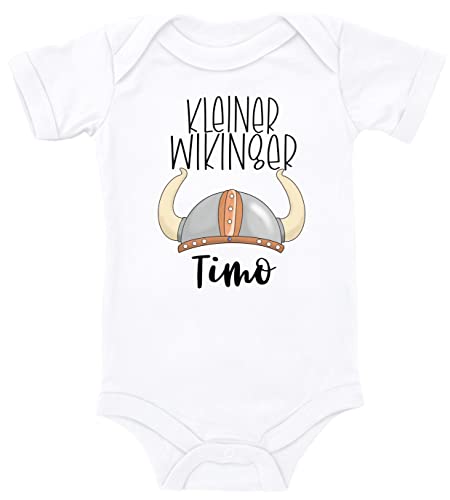 Blauer-Storch Baby Body mit personalisiertem Namen kleiner Wikinger Wikingerhelm Geschenk für Kleinkind Kurzarm Bio Baumwolle von Blauer-Storch