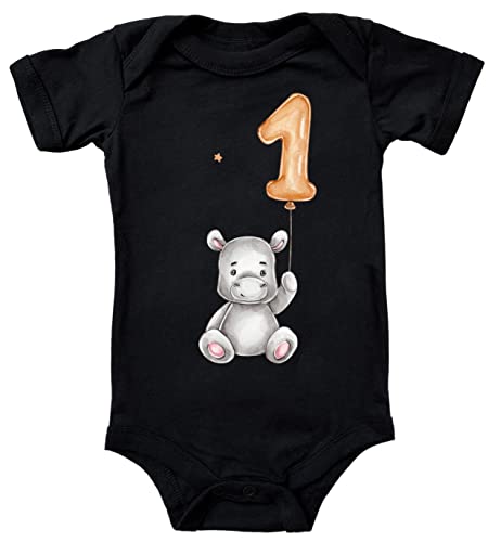 Blauer-Storch Baby Body zum 1. Geburtstag Nilpferd mit Luftballon Geschenk zum Geburtstag für Kleinkind Kurzarm Bio Baumwolle von Blauer-Storch