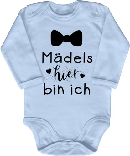 Blauer-Storch Babybody mit Druck Baby Body Mädels hier bin ich Fliege Geschenk zur Geburt zum Geburtstag für Kleinkind Langarm Bio Baumwolle von Blauer-Storch