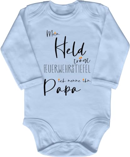 Blauer-Storch Babybody mit Druck Baby Body Mein Held trägt Feuerwehrstiefel ich nenne ihn Papa Feuerwehr Geschenk für Kleinkind Langarm Bio Baumwolle von Blauer-Storch