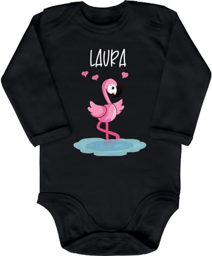 Blauer-Storch Babybody mit Druck Baby Body Personalisierbar mit Namen Flamingo Geschenk für Kleinkind Langarm Bio Baumwolle von Blauer-Storch