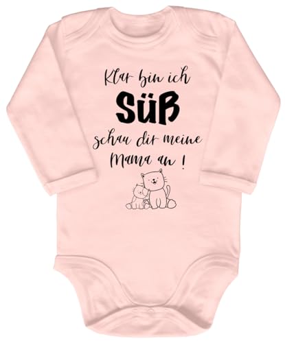 Blauer-Storch Babybody mit Druck Baby Body mit Spruch Klar bin ich süß schau dir meine Mama an Kätzchen Geschenk für Kleinkind Langarm Bio Baumwolle von Blauer-Storch