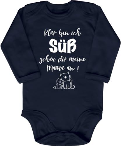 Blauer-Storch Babybody mit Druck Baby Body mit Spruch Klar bin ich süß schau dir meine Mama an Kätzchen Geschenk für Kleinkind Langarm Bio Baumwolle von Blauer-Storch