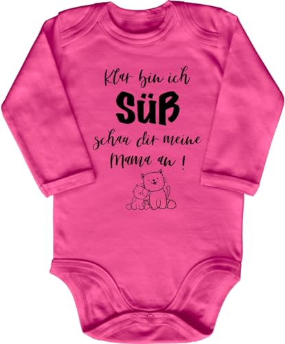 Blauer-Storch Babybody mit Druck Baby Body mit Spruch Klar bin ich süß schau dir meine Mama an Kätzchen Geschenk für Kleinkind Langarm Bio Baumwolle von Blauer-Storch