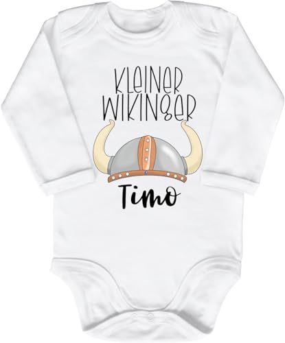 Blauer-Storch Babybody mit Druck Baby Body mit personalisiertem Namen kleiner Wikinger Wikingerhelm Geschenk für Kleinkind Langarm Bio Baumwolle von Blauer-Storch