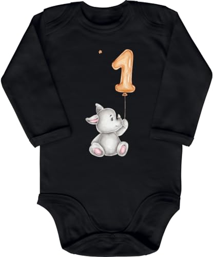 Blauer-Storch Babybody mit Druck Baby Body zum 1. Geburtstag Nashorn mit Luftballon Geschenk zum Geburtstag für Kleinkind Langarm Bio Baumwolle von Blauer-Storch