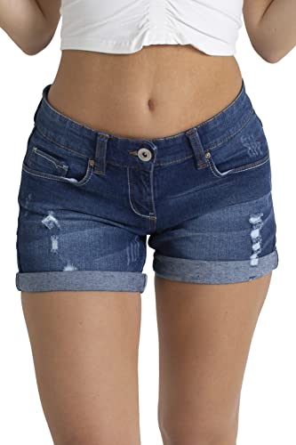 BlauerHafen Damen Denim Shorts Basic in Faded Wash Jeans Bermuda Shorts für Damen Hohe Taille mit Quaste Zerrissenes Loch Essentials Hotpants Denim Shorts (Dunkelblau, 38) von BlauerHafen
