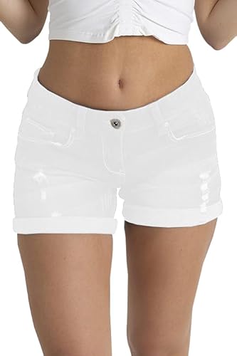 BlauerHafen Damen Denim Shorts Basic in Faded Wash Jeans Bermuda Shorts für Damen Hohe Taille mit Quaste Zerrissenes Loch Essentials Hotpants Denim Shorts (Weiß, 44) von BlauerHafen