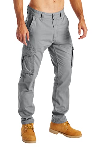 BlauerHafen Herren Cargohose Arbeitskleidung für Lässige Stretch-100% Baumwolle gerade Freizeithose mehrere Taschen entspannte Passform Kampfarbeitshose Alle Größen 32W-44W (Hellgrau, 32W / 30L) von BlauerHafen
