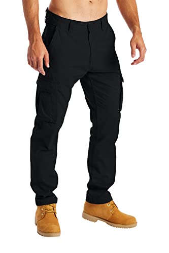 BlauerHafen Herren Cargohose Arbeitskleidung für Lässige Stretch-100% Baumwolle gerade Freizeithose mehrere Taschen entspannte Passform Kampfarbeitshose Alle Größen 32W-44W (Schwarz, 32W / 30L) von BlauerHafen