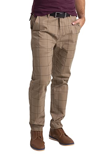 BlauerHafen Herren Formale Hose Karo-Muster Slim-fit Wrinkle-Resistant Flat-Front Retro Vintage Tailored Fit Smart Office Business Suit Chino Pant (Khaki, 30W / 32L) von BlauerHafen