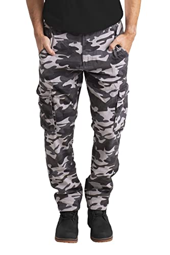 BlauerHafen Herren Hose Cargo militärisch Tarnung Zwanglos Entspannte Passform Mehrere Taschen Freizeit Jeans Taschen Baumwolle Arbeits Cargohose Alle Größen 32-44 (Grau Camo, 38W x 32L) von BlauerHafen