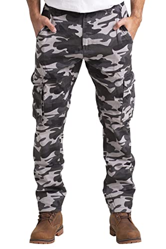 Herren Army Cargo Hose 100% Baumwolle Straight Leg Work Wear Freizeithose Loose Fit Combat Camouflage Arbeitshose (Grau Camo, 42W / 30L) von BlauerHafen