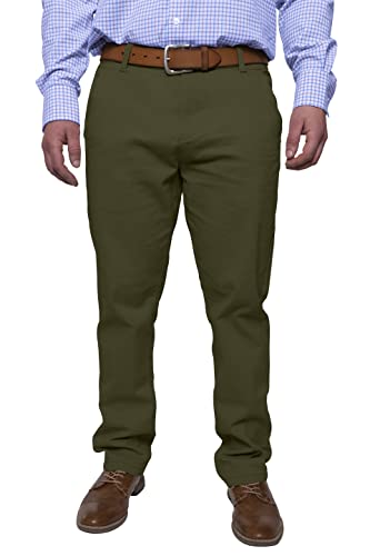 Herren Chinohose lässige Normale Passform Stretch Baumwolle entspannte Flache Front Klassisch Essential Solide Chino Trouser Full Pants Alle Taille 30W-40W (Olive, 32W x 30L) von BlauerHafen