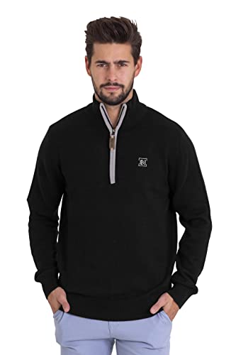 Herren Long Sleeve Jumper High Neck Quarter Zip Troyer Regular Fit 100% Baumwolle Pullover Soft Sweater (Black, M) von BlauerHafen