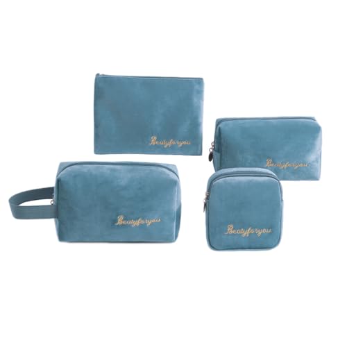 1 Set 4 Stück Kulturtasche aus Flanell,Kosmetiktasche Kulturbeutel Aufbewahrungstasche Kleine Schminktasche Geldbörse Tragbare Reise Make-up-Tasche Bag für Damen und Frauen,Blau von Blausky