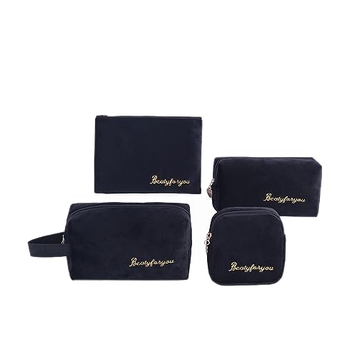 1 Set 4 Stück Kulturtasche aus Flanell,Kosmetiktasche Kulturbeutel Aufbewahrungstasche Kleine Schminktasche Geldbörse Tragbare Reise Make-up-Tasche Bag für Damen und Frauen,Schwarz von Blausky