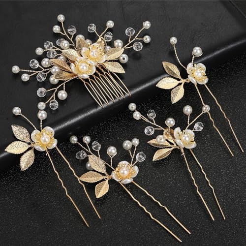 1 Set 5 Stück Braut Haarnadeln,1 Stück Seiten Kamm & 4 Stück U-förmig Clip Blumen Haarnadeln mit Perlen Hochzeit Haarschmuck Haar Accessoires für Frauen Bräute Brautjungfern,Silber von Blausky