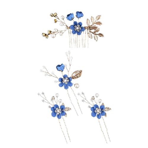 1 Set Braut-Haarschmuck,1 Stück Metall Haarkamm & 3 Stück U-förmig Haarspangen Perle Blume Haarschmuck Haarnadeln mit Strass Elegante Kopfschmuck für Bräute Brautjungfern,Königsblau von Blausky