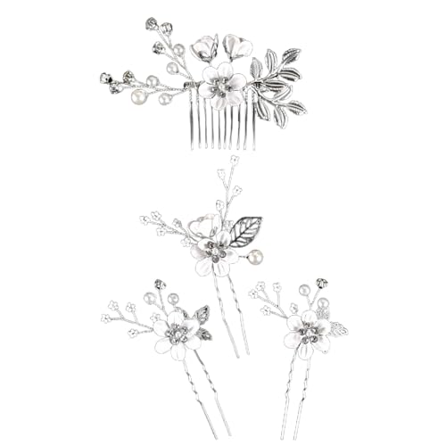 1 Set Braut-Haarschmuck,1 Stück Metall Haarkamm & 3 Stück U-förmig Haarspangen Perle Blume Haarschmuck Haarnadeln mit Strass Elegante Kopfschmuck für Bräute Brautjungfern,Weiß von Blausky