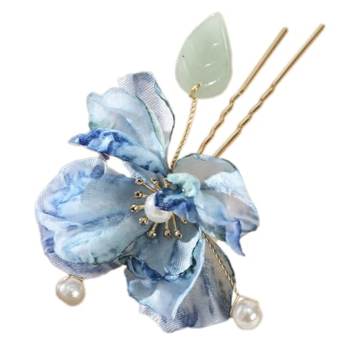 1 Stück 10cm Metall Französische Haarnadeln,Blumen Haarspangen Bobby Pins U-förmig Haarnadeln Haarklammern mit Seidenblumen und Perlen Haarschmuck für Frauen Hair Styling,Blau A von Blausky