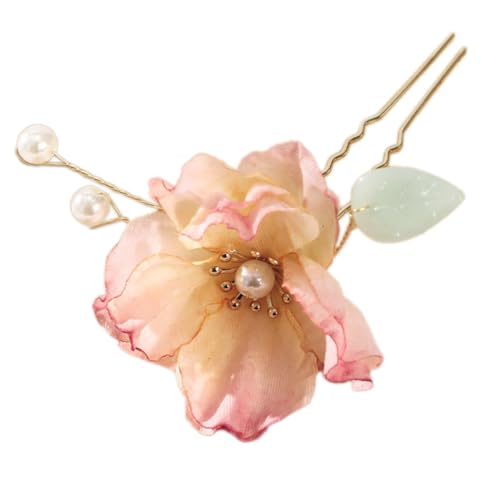 1 Stück 10cm Metall Französische Haarnadeln,Blumen Haarspangen Bobby Pins U-förmig Haarnadeln Haarklammern mit Seidenblumen und Perlen Haarschmuck für Frauen Hair Styling,Rosa A von Blausky