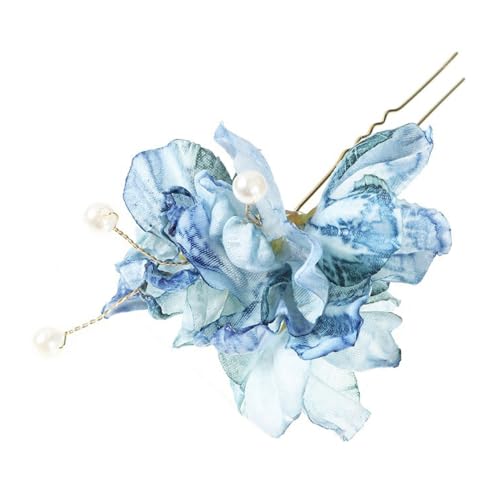 1 Stück 8cm Metall Französische Haarnadeln,Blumen Haarspangen Bobby Pins U-förmig Haarnadeln Haarklammern mit Seidenblumen und Perlen Haarschmuck für Frauen Hair Styling,Blau von Blausky