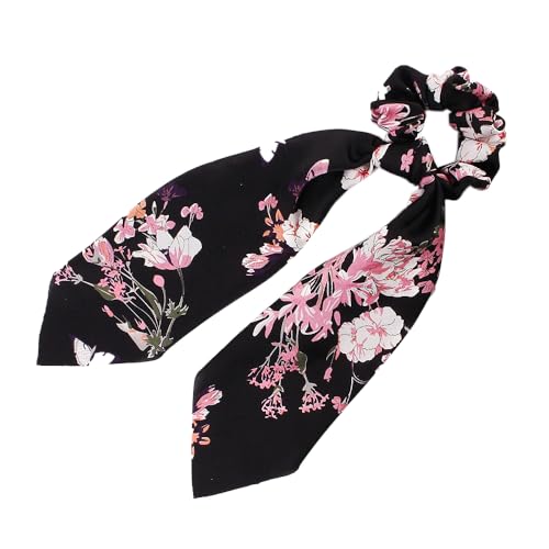 1 Stück Satin-Haarschleifen,Haarband mit Langer Schwanz für Damen Elastische Haargürtel Haargummis Haarbänder Elegant Bowknot Haar Ringe Pferdeschwanzhalter Frauen Haarschmuck,Blumen-Schwarz von Blausky
