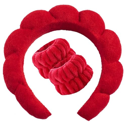 1 Stück Spa-Stirnband & 2 Stück Wristband,Elastisch Makeup Haarband Anti-Rutsch Wolken Haarbänder Armbänder zum Waschen für Damen Schönheit Hautpflege Yoga Sport Dusche,Rotes Handtuch von Blausky