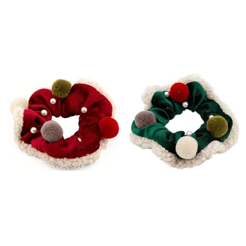 1 Stück Weihnachten Samt Haargummis,Süßes Plüsch Haarband Elastische Gummibänder Scrunchies mit Plüschball und Perlen Haargummi Haarbänder Weich Haarschmuck für Damen 10cm,Rot+Grün von Blausky