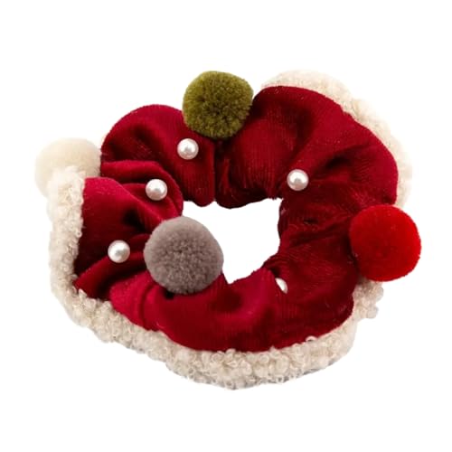 1 Stück Weihnachten Samt Haargummis,Süßes Plüsch Haarband Elastische Gummibänder Scrunchies mit Plüschball und Perlen Haargummi Haarbänder Weich Haarschmuck für Damen 10cm,Rot von Blausky