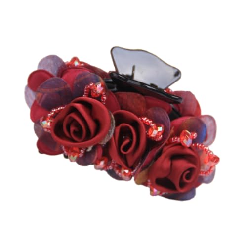 2 Stück Blumen Haarspangen für Frauen,Rutschfeste Haarklammer Claw Clip Flower Hair Clip Französisches Haarschmuck mit Kristallperlen Haarstyling Zubehör für Dick Dünn Haar,Weinrot von Blausky