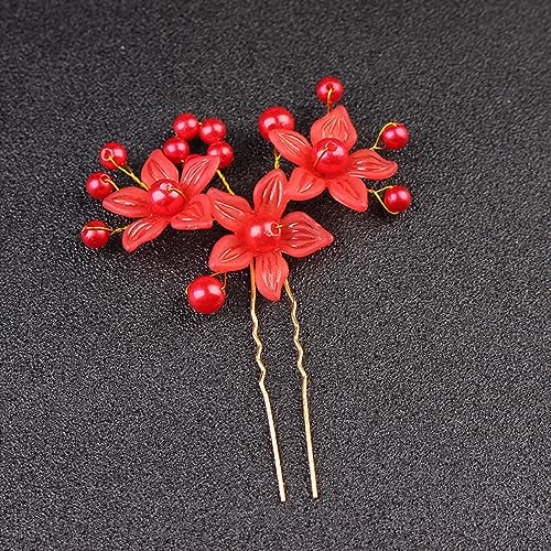 5 Stück U-förmige Haarnadeln Gabelstäbchen,Perlenblumen-Haarspange Braut-Haarnadel Metall Haarnadel 2 Zinken Hochsteckfrisur Chignon Stifte für Frauen Haarstyling Zubehör,Rot von Blausky